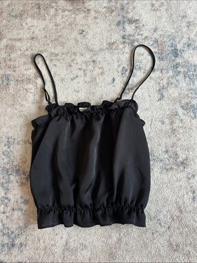 Black Ruffled Smocked Hem Spaghetti Strap Cami